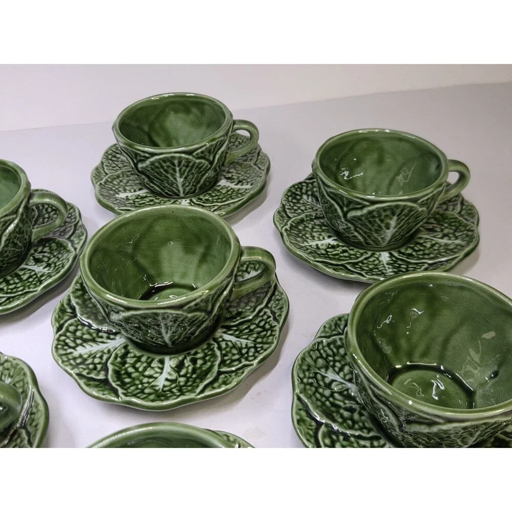 14 Piece Set Majolica Cabbage Espresso 7 Cups & 7 Saucers Ceramic Cabbageware